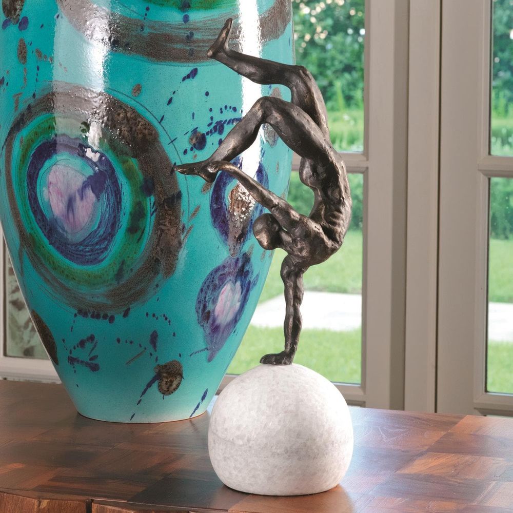 Alternate view of One Hand Balancing Act, featuring honed finish, bronze, marble, and a spherical freestanding base.