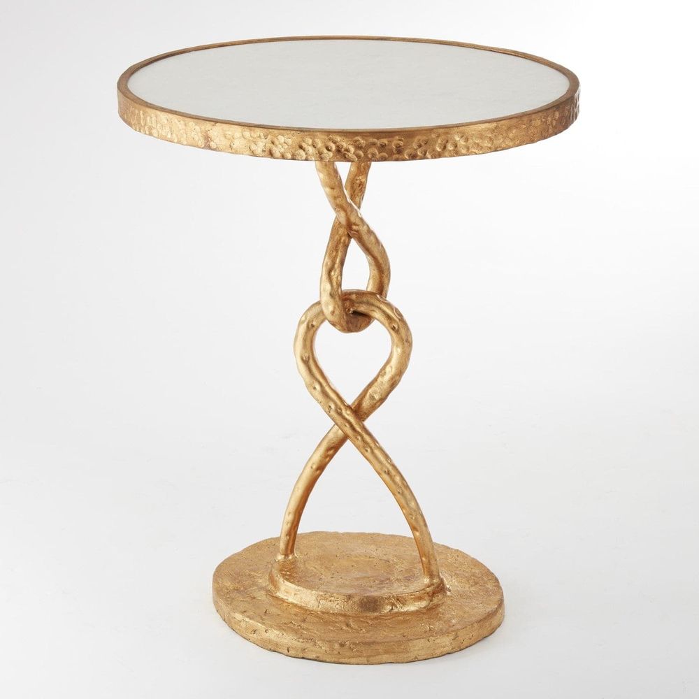 Loop De Loop Table, shown in gold and bronze with metal, mirror, and a pedestal base.