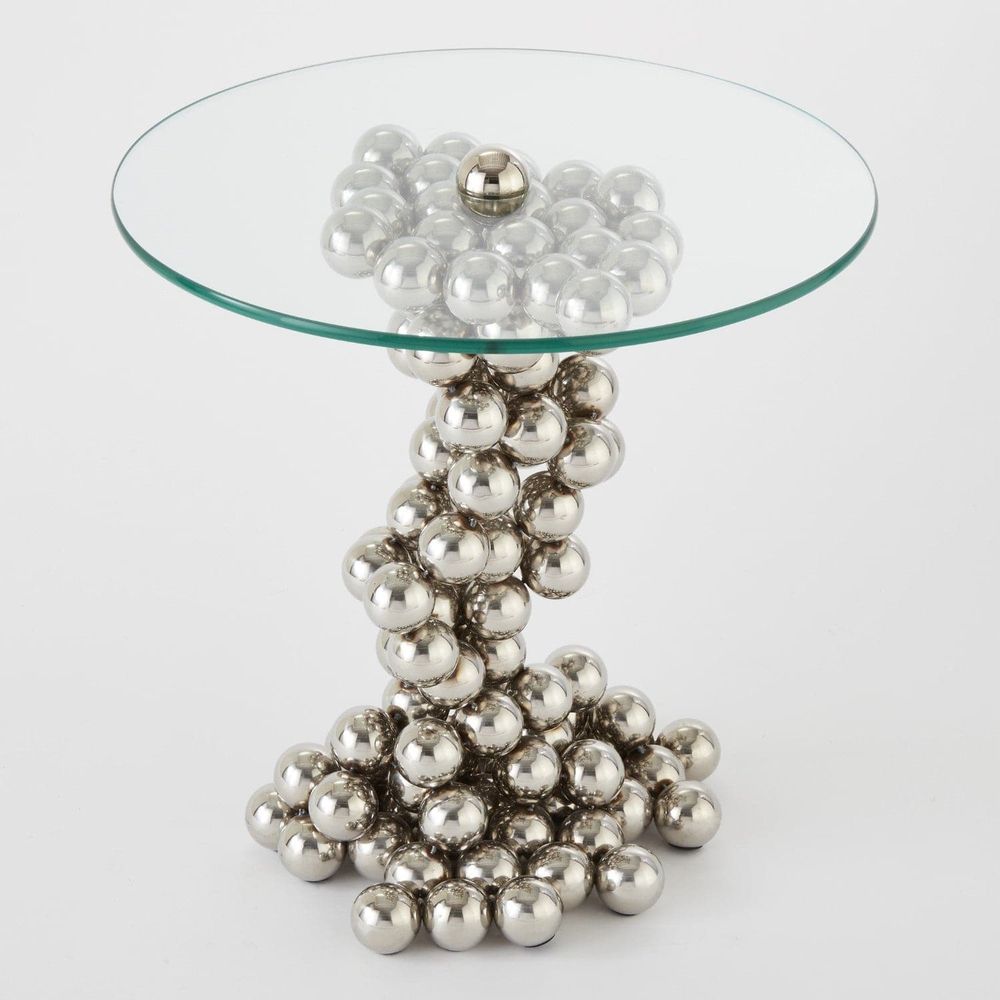 Sphere Table, shown in nickel and clear with glass, metal, and round glass tabletop.