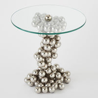 Sphere Table, shown in nickel and clear with glass, metal, and round glass tabletop.