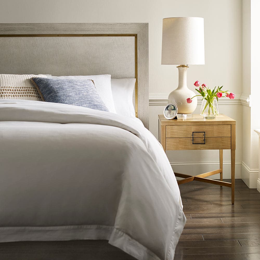 Additional view of Rollini Lamp Table in blonde wood and light beige, featuring matte finish and two full-width drawers.
