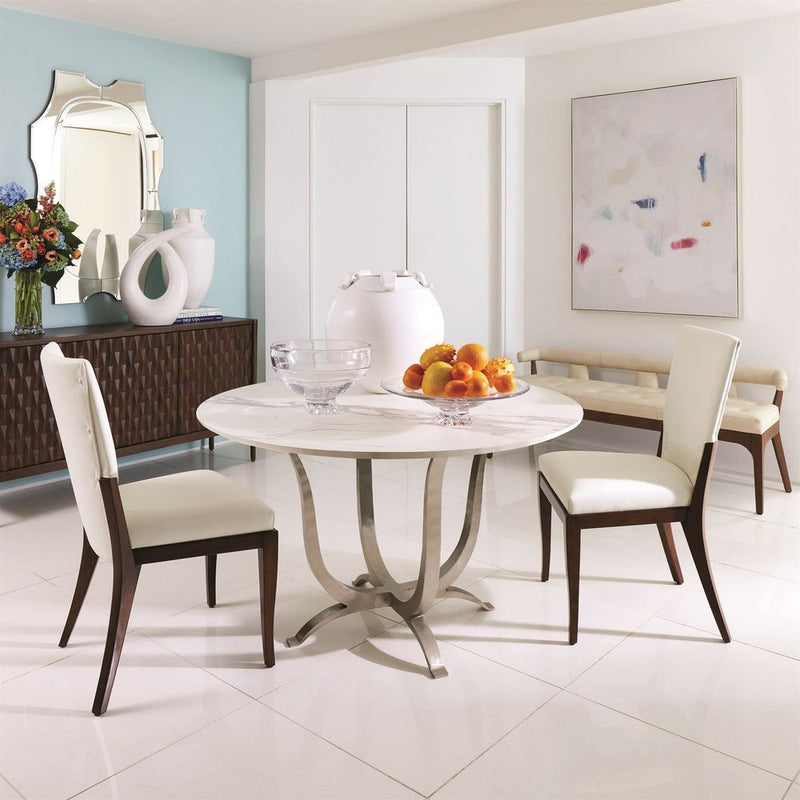 Alternate view of Moderno Bench, featuring smooth upholstery finish, leather, wood, and fixed continuous arm-back rail.