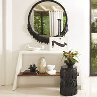 Alternate view of Emily Martini Table, featuring leather, glass, and flat circular tabletop suitable for lamp or decor.
