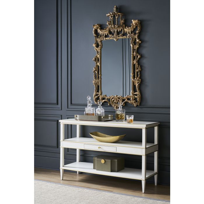 Alternate view of Camille Console Table, featuring painted finish, wood, metal, and open upper shelf.