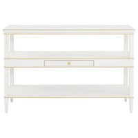 Camille Console Table, shown in white and ivory with wood, metal, and open upper shelf.