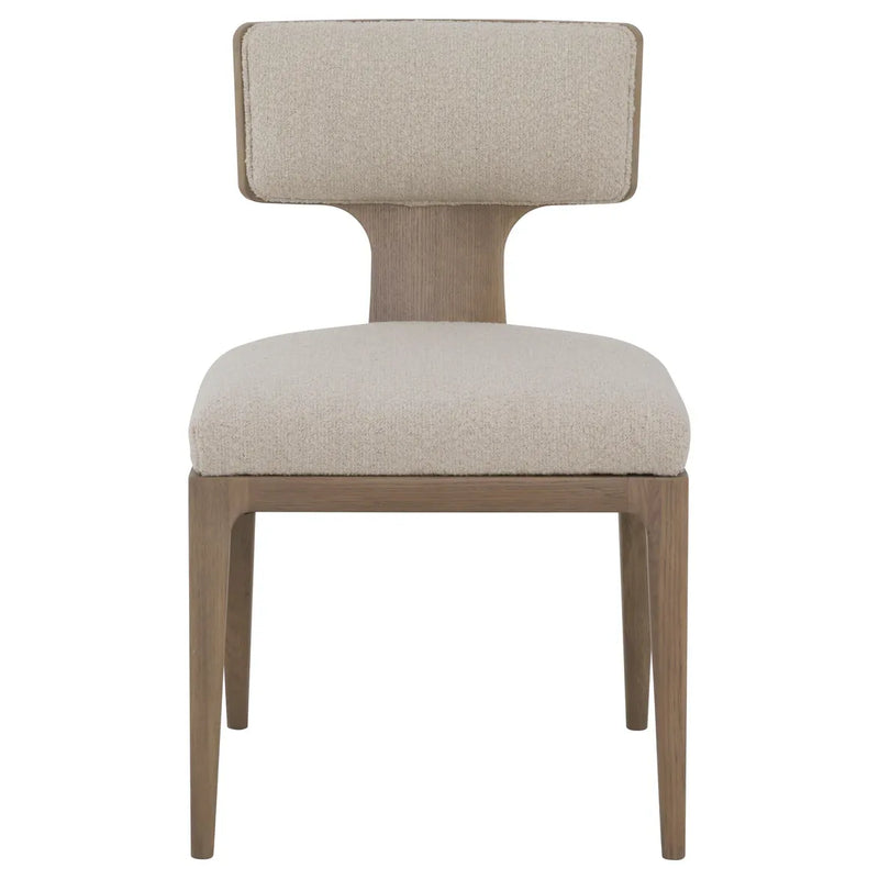 Everett Side Chair, shown in beige and light oak with bouclé fabric, wood, and armless side chair.