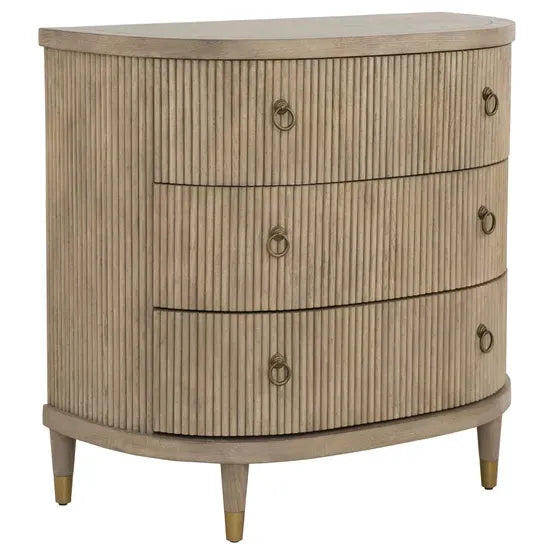 Alternate view of Everett Three Drawer Demilune Chest in light taupe and warm beige.
