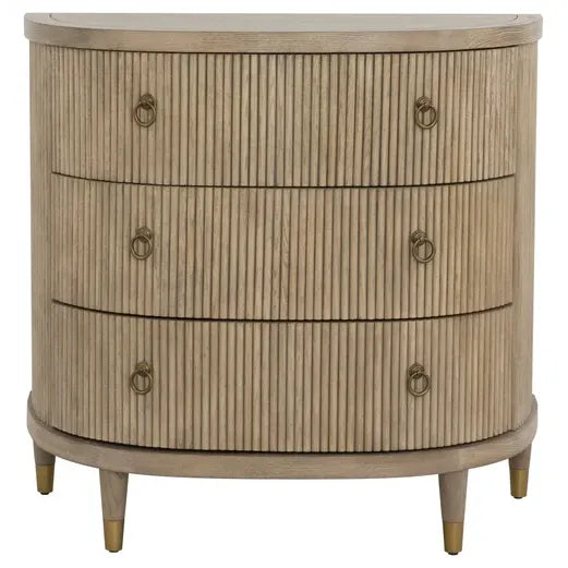 Everett Three Drawer Demilune Chest, shown in light taupe and warm beige with wood, metal, and three full-extension drawers.