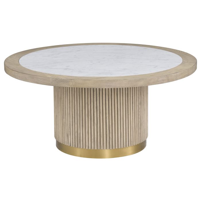 Everett Large Round Bunching Cocktail Table, shown in white and light oak with marble, wood, and a round cocktail surface.