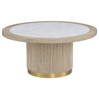 Everett Large Round Bunching Cocktail Table, shown in white and light oak with marble, wood, and a round cocktail surface.