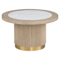 Everett Small Round Bunching Cocktail Table, shown in light oak and white with wood and marble.