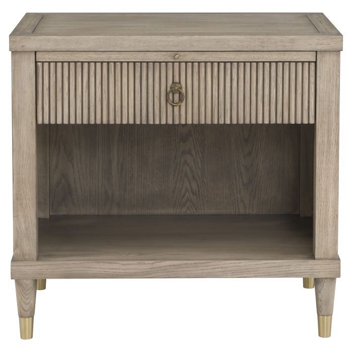 Everett One Drawer Rectangular Nightstand, shown in light taupe wood and warm gray-beige with wood and metal.