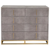 Hyde Five Drawer Chest, shown in taupe and greige with suede, brass, and multiple stacked drawers with vertical bar pulls.