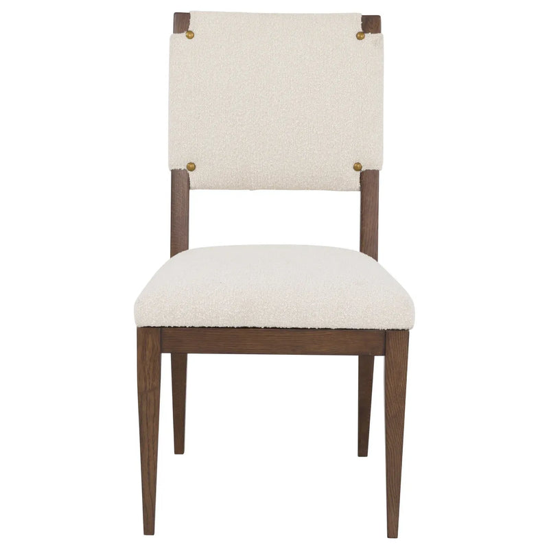 Maxwell Side Chair, shown in cream and medium brown with wood, fabric, and armless side chair.