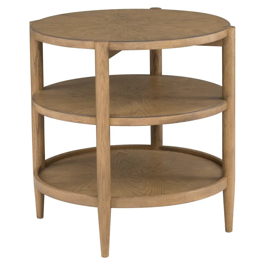Additional view of Maxwell Round End Table, featuring visible open grain, wood, oak veneer, and three-tier open shelving.