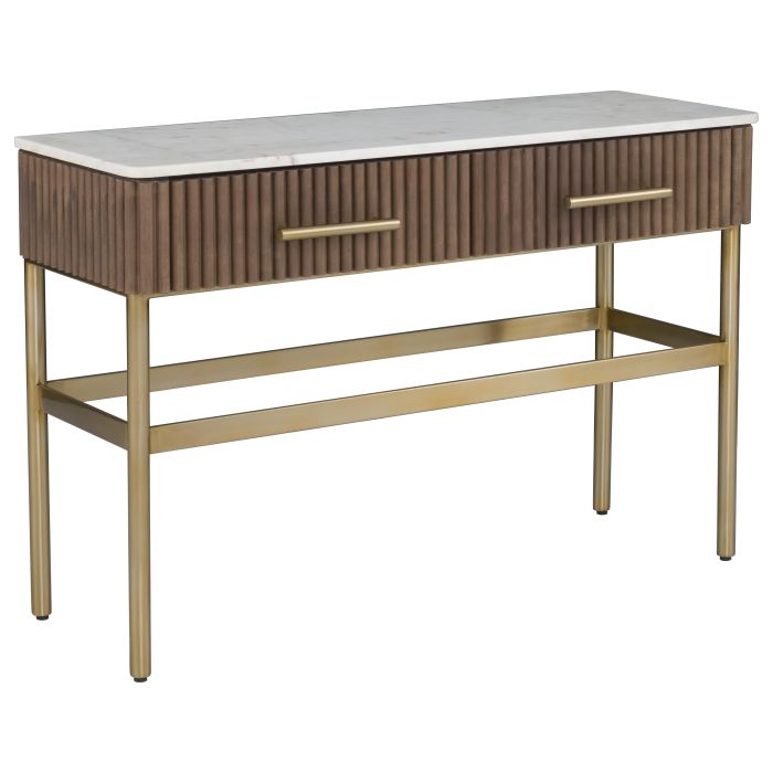 Alternate view of Dimitri Two Drawer Rectangular Console, featuring polished finish, marble, wood, and two drawers.