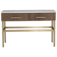 Dimitri Two Drawer Rectangular Console, shown in walnut brown and gold with marble, wood, and two drawers.