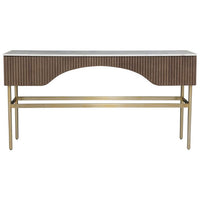 Dimitri Rectangular Console, shown in brown and white with marble, wood, and arched apron.