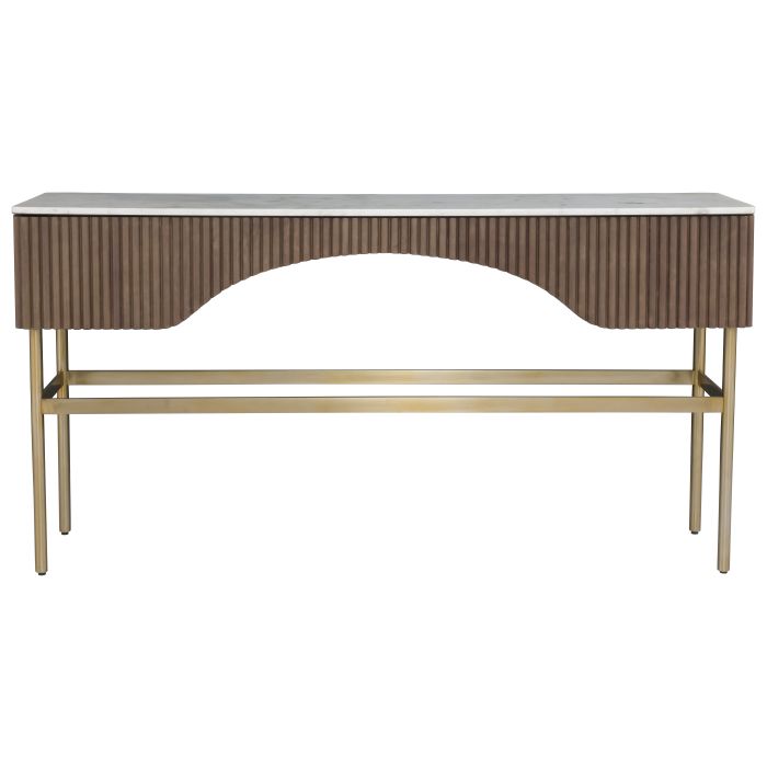 Dimitri Rectangular Console, shown in brown and white with marble, wood, and arched apron.