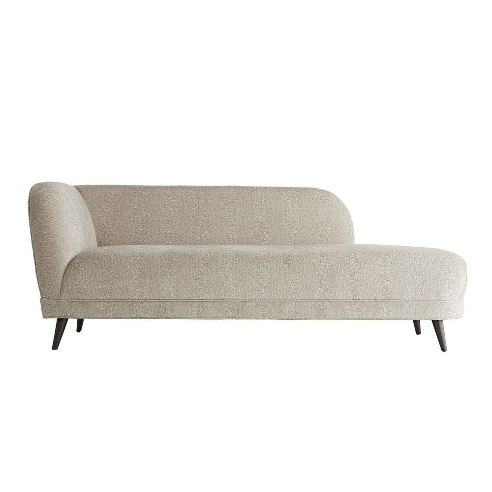 Zane Chaise Stone Boucle, shown in stone beige and warm ivory with bouclé fabric, wood, and single fixed armrest on one end.