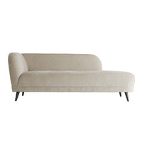 Zane Chaise Stone Boucle, shown in stone beige and warm ivory with bouclé fabric, wood, and single fixed armrest on one end.