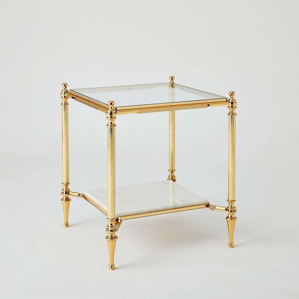 Additional view of Medford Cocktail Table-Brass in brass gold and clear.