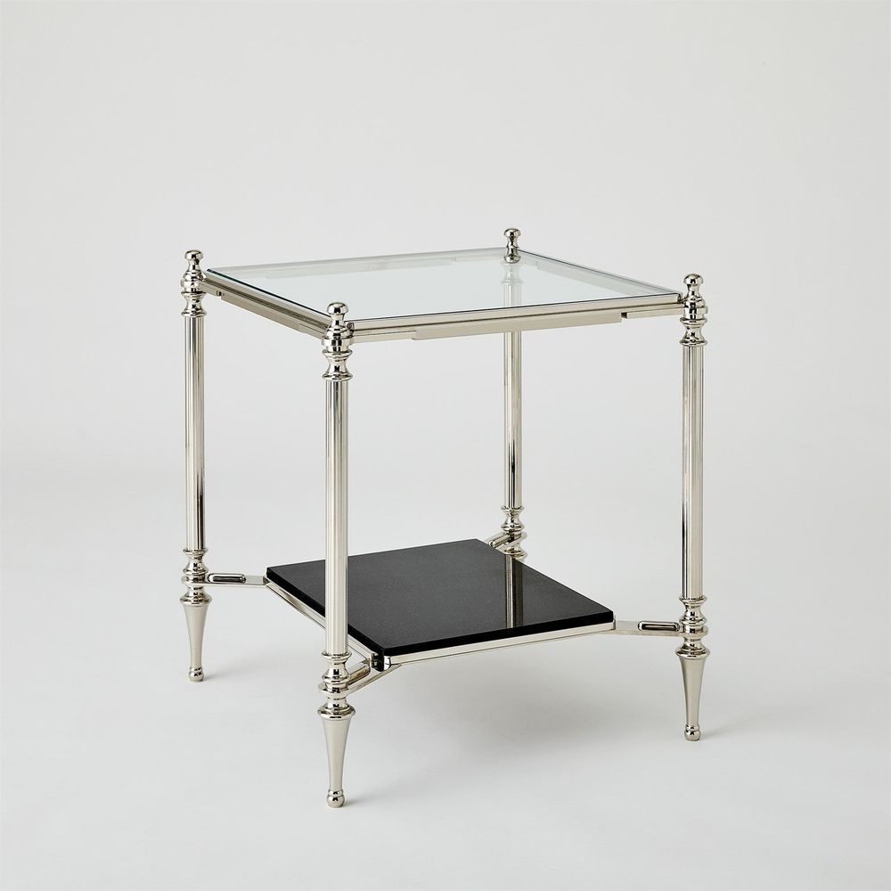 Medford Side Table-Nickel, shown in polished nickel silver and clear with metal, glass, and fixed four-leg base.