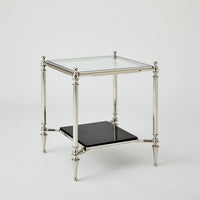 Medford Side Table-Nickel, shown in polished nickel silver and clear with metal, glass, and fixed four-leg base.