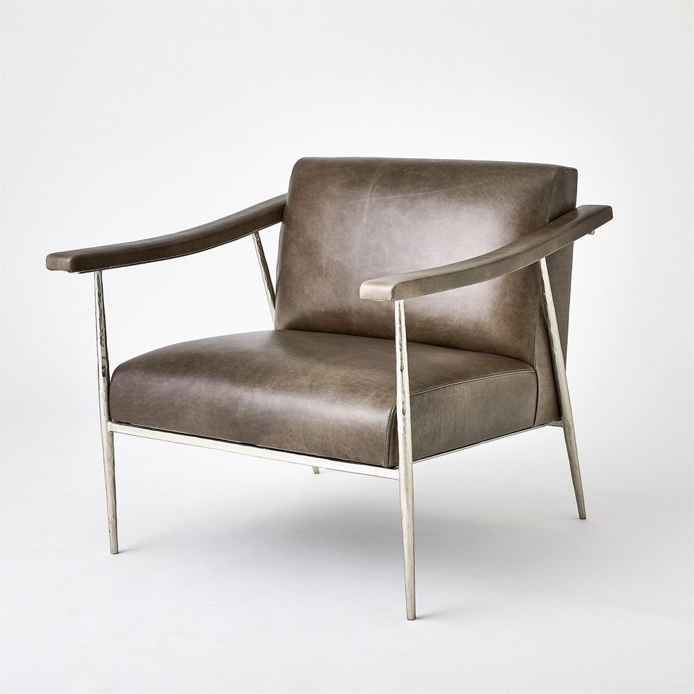 L Brooks Leather Chair-Nickel, shown in taupe and mushroom gray with leather, metal, and fixed arms.