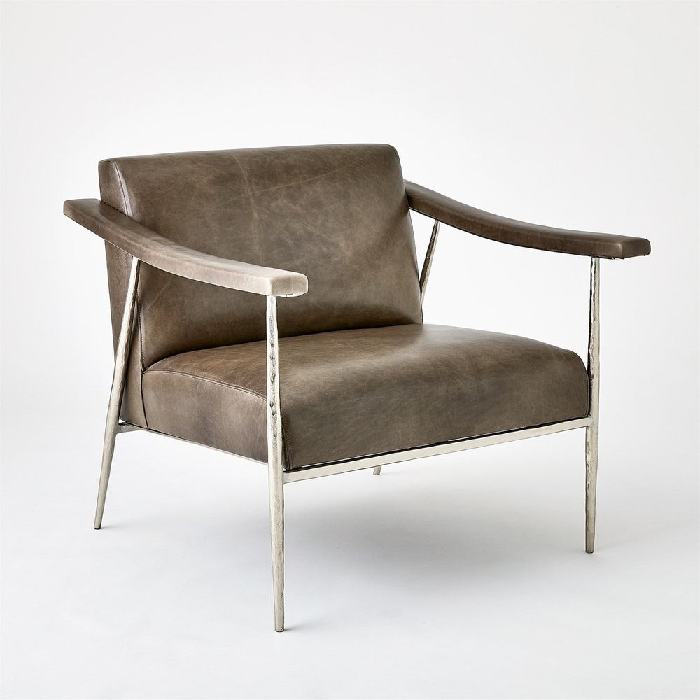 Alternate view of L Brooks Leather Chair-Nickel, featuring leather, metal, and fixed arms.