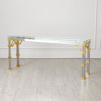 Alternate view of Tri-Column Console Table, featuring polished finish, glass, metal, and a glass top.