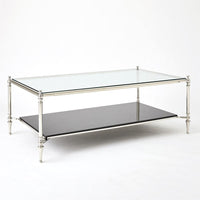 Medford Cocktail Table-Nickel, shown in nickel silver and clear with metal, glass, and fixed rectangular glass top.