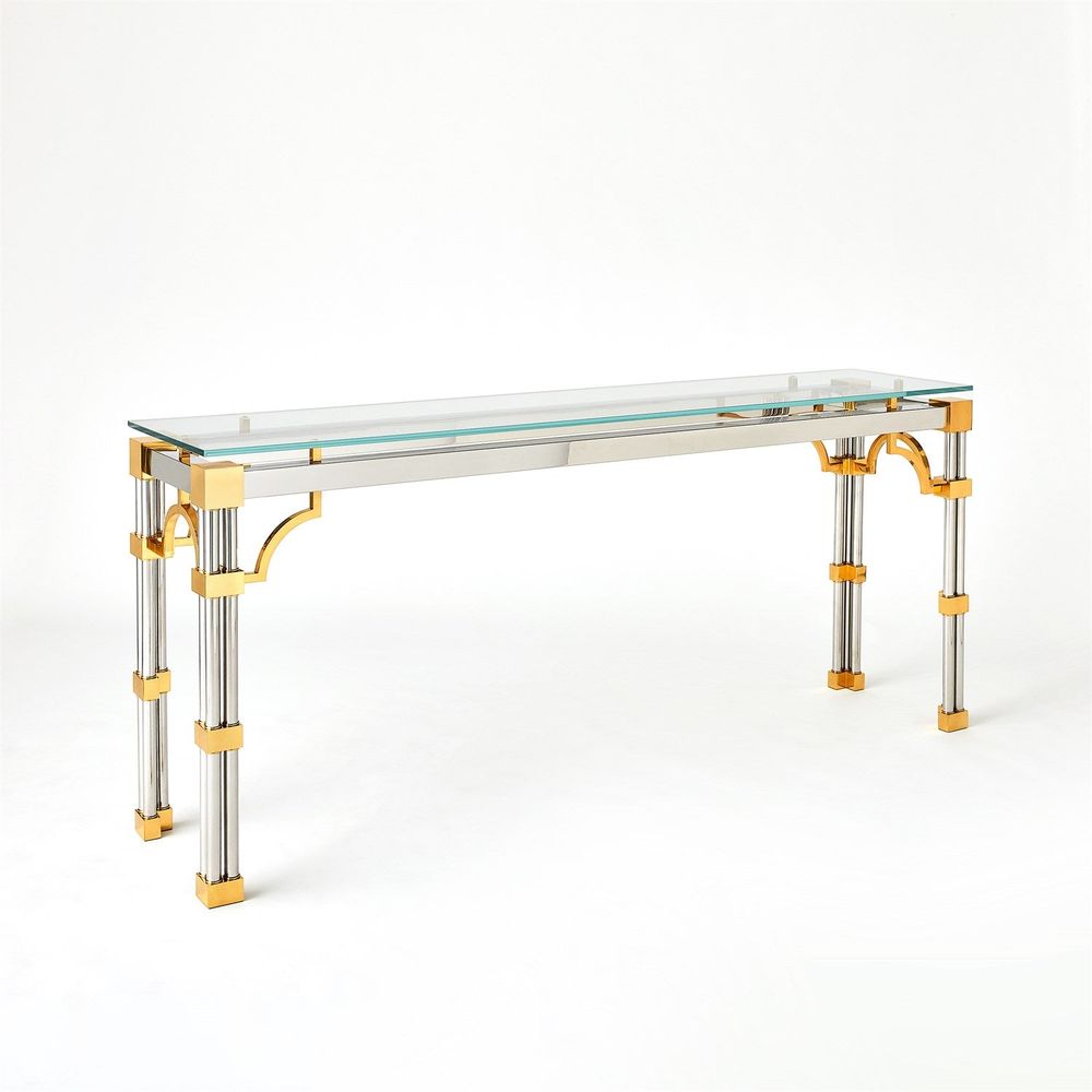 Tri-Column Console Table, shown in silver and gold with glass, metal, and a glass top.