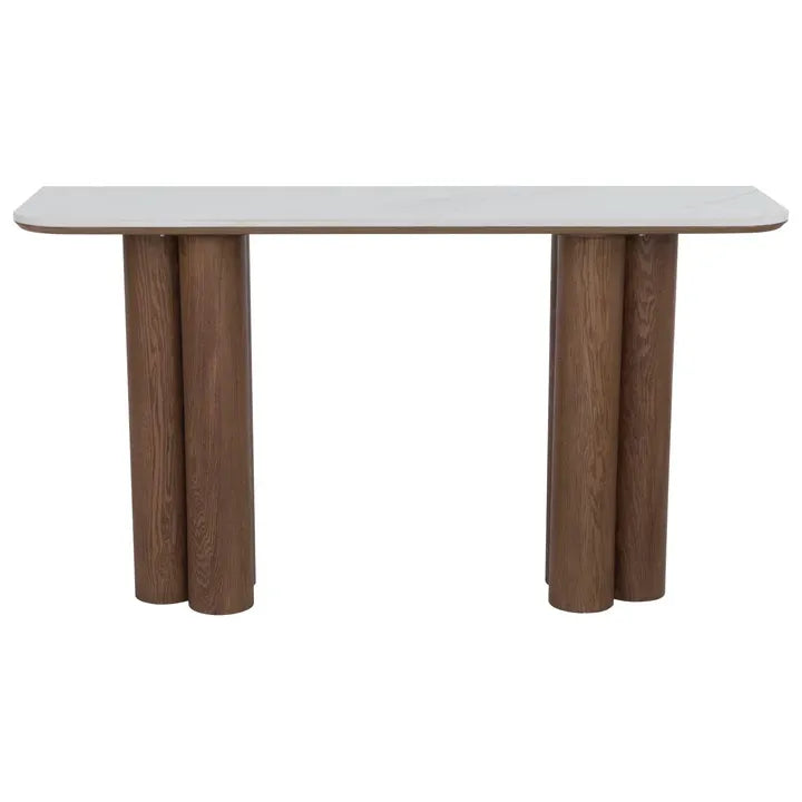 Parker Console Table, shown in off-white and medium walnut brown with marble and solid wood.