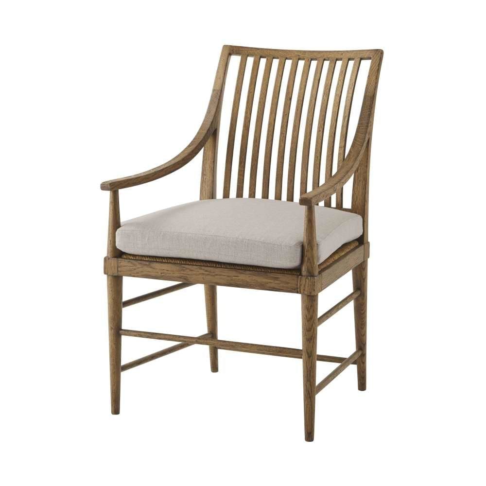 Nova Dining Arm Chair III, shown in medium brown and warm beige with oak wood, woven cane, and fixed open arms.
