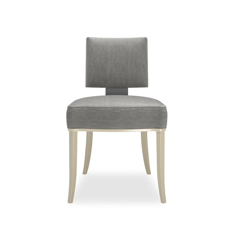 Reserved Seating Dining Chair, shown in gray and cream with fabric, wood, and armless open sides.
