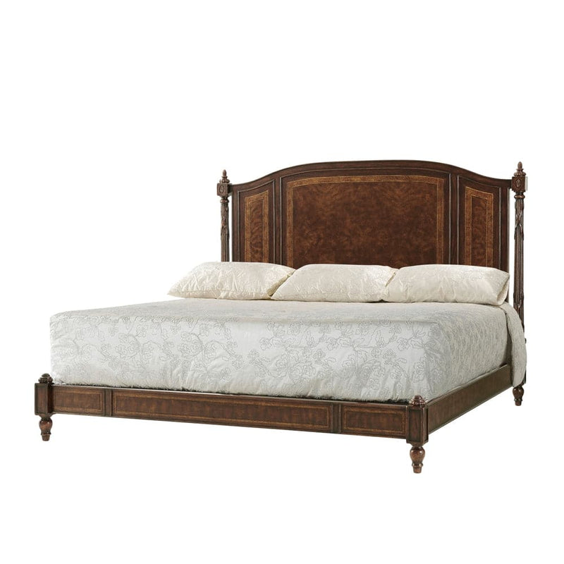 Alternate view of Brooksby Bed, featuring stained finish, wood, figured wood veneer, and high arched headboard.