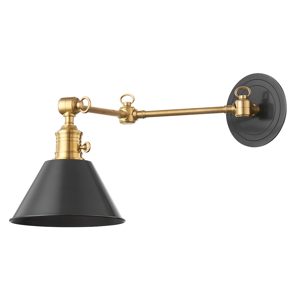 Garden City Wall Sconce, shown in black and brass with metal, brass, and wall-mounting hardware.