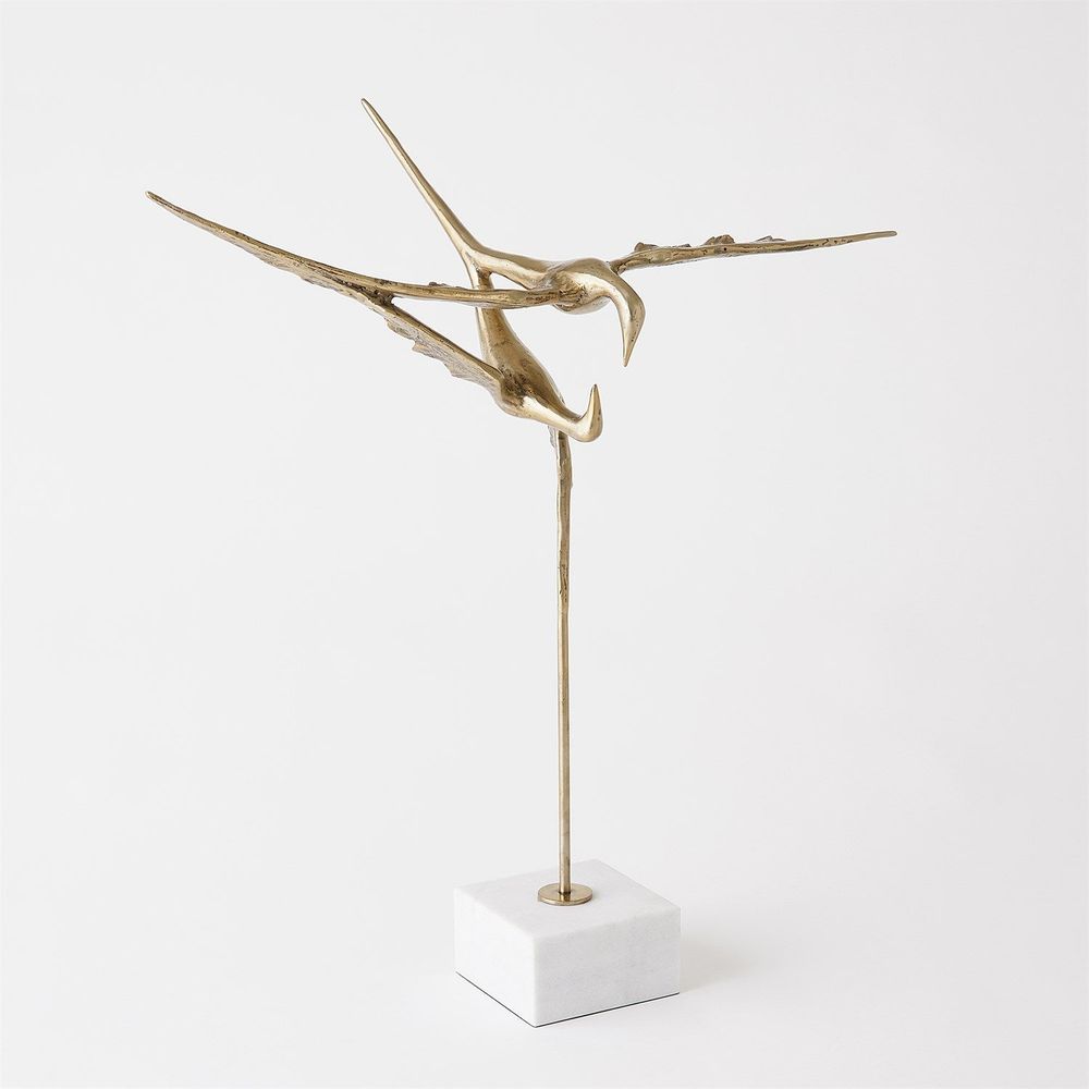 Alternate view of Reflection Sculpture, featuring polished metal finish, brass, marble, and a freestanding pedestal base.