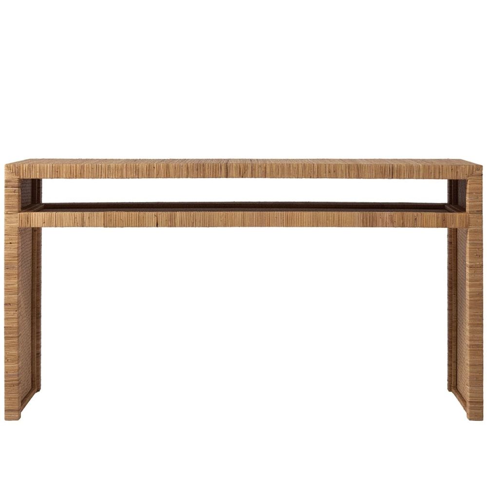 Escape, shown in natural tan and light brown with raffia, wood, and open lower shelf.