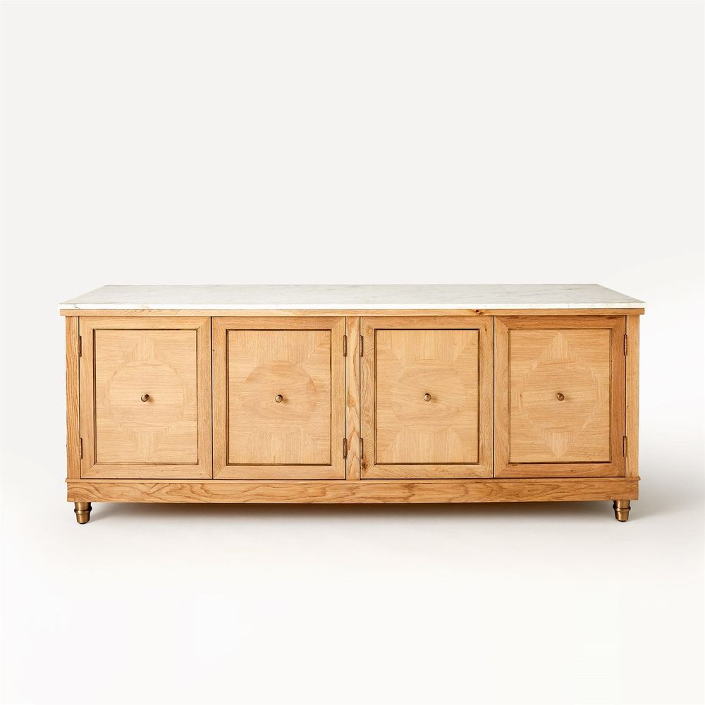 Directoire Console, shown in light natural oak and white marble with oak wood, marble, and four hinged cabinet doors.