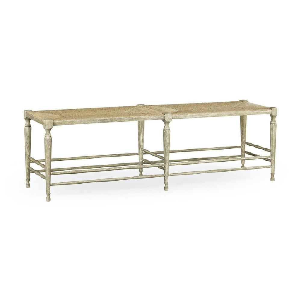 Bodiam Grey Oak Bench, shown in light grey and natural beige with oak wood, woven rush, and backless open seating.