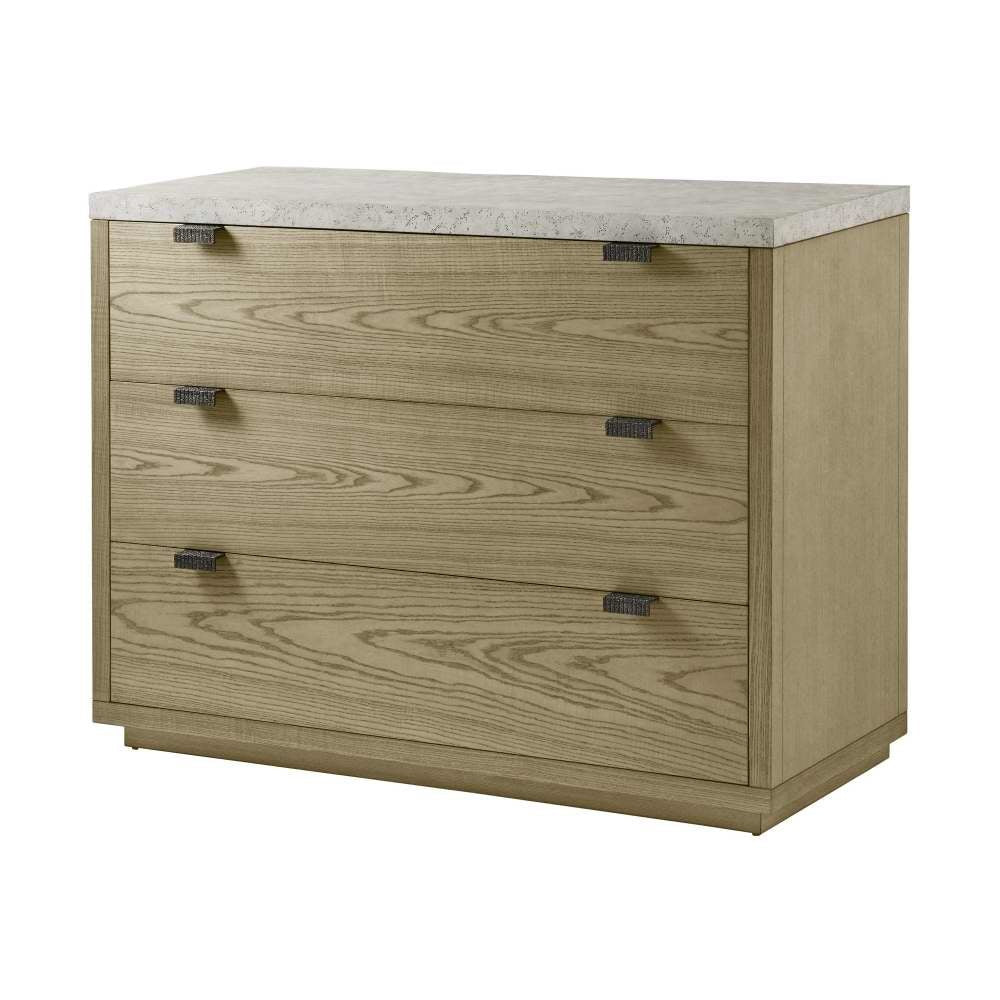 Catalina Chest Of Drawers, shown in light oak and dark brown with wood, stone, and three storage drawers.