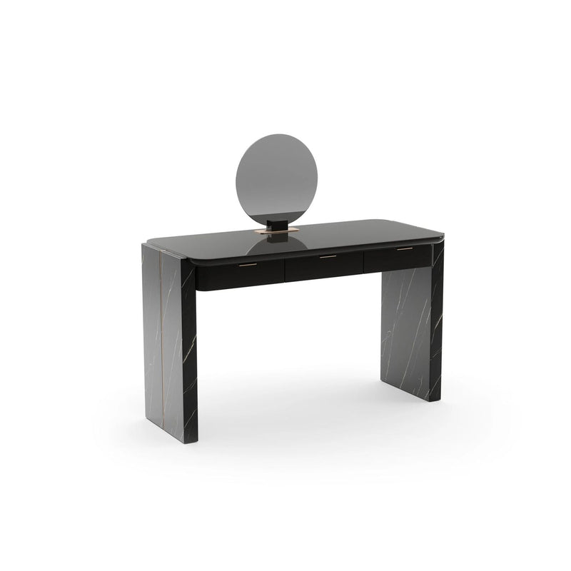 Alternate view of Overlap Vanity Dark, featuring polished finish, marble, glass, and integrated three-drawer storage.