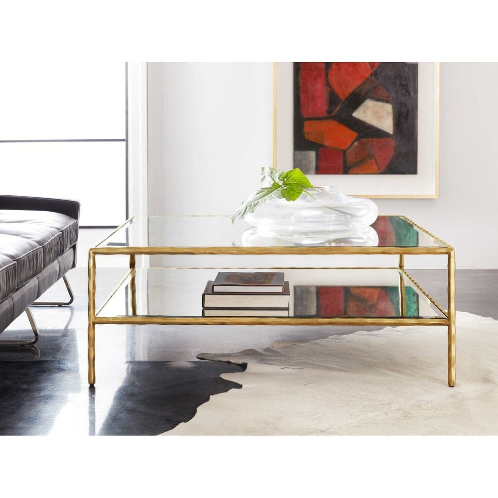 Organic Square Cocktail, shown in gold and clear with metal, glass, and two-tier open shelf storage.