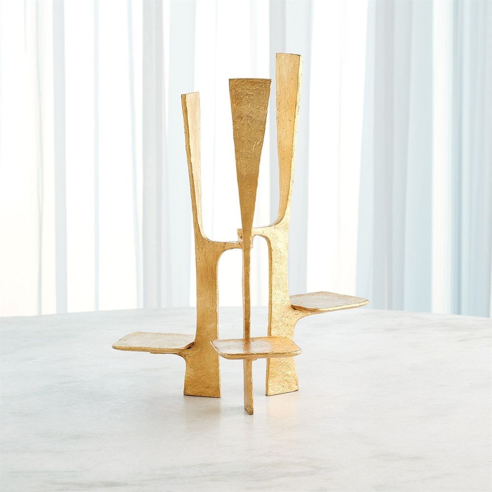 Alternate view of Triune Candleholder in gold.