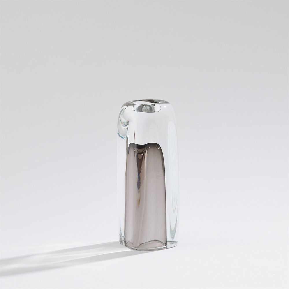 Tower T-Lite Holder / Vase Medium, shown in clear and smoke gray with glass and top aperture for tealight or stems.