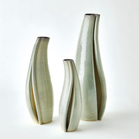 Rift Vase-Washed Green-Lg, shown in washed sage green and pale celadon with ceramic and narrow top opening for stems.