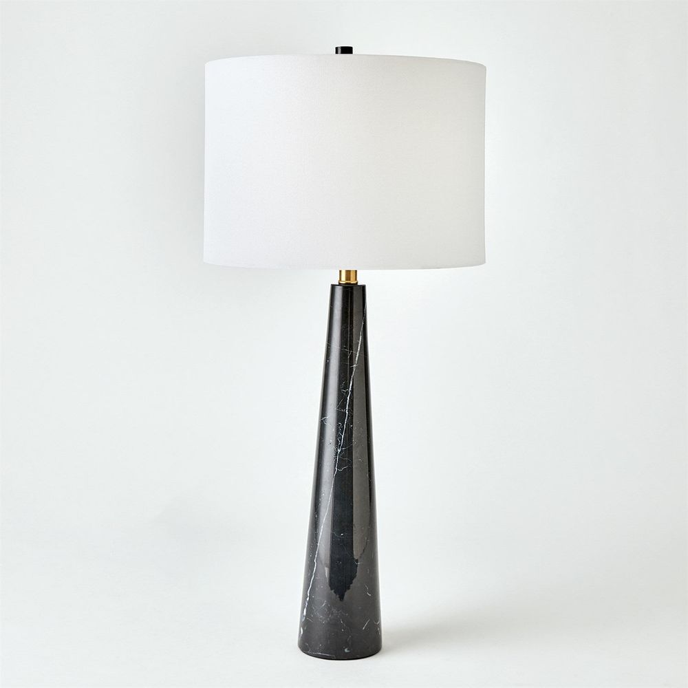 Pinnacle Marble Lamp-Black, shown in black and white with marble, fabric, and a table lamp base.