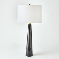 Pinnacle Marble Lamp-Black, shown in black and white with marble, fabric, and a table lamp base.